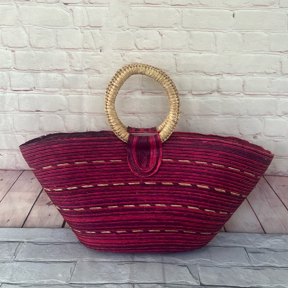 Bohemian rattan Straw woven fuchsia BEAUTY BEACH tote BAG/groceries basket